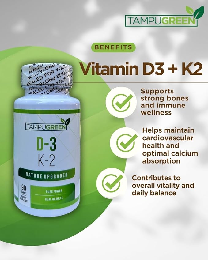 Vitamin D3 2000 IU + K2 75 mcg – Daily Bone, Immune & Heart Support – Supports Calcium Absorption – GMP – Made in USA – 90 Tablets