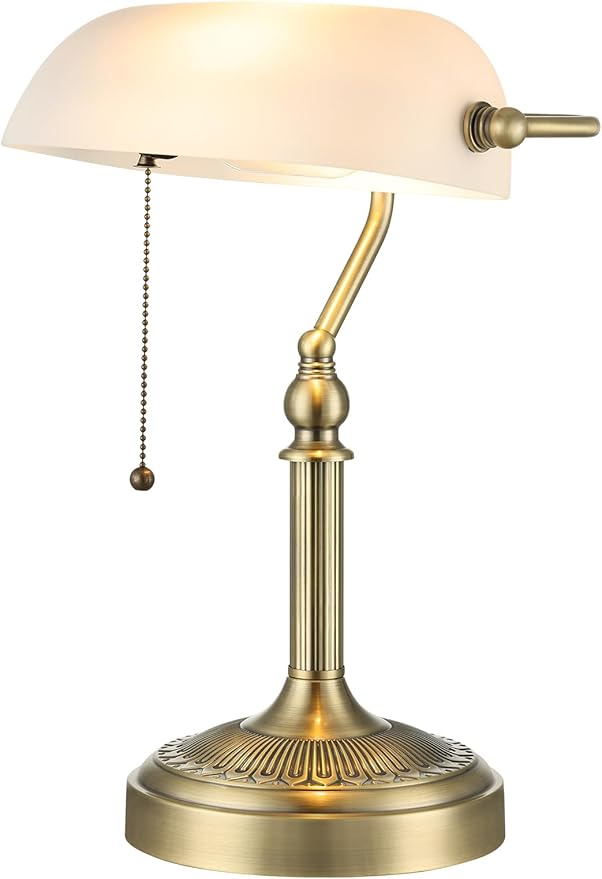 Traditional Glass Bankers Desk Lamp with Pull Chain Switch Plug in Fixture