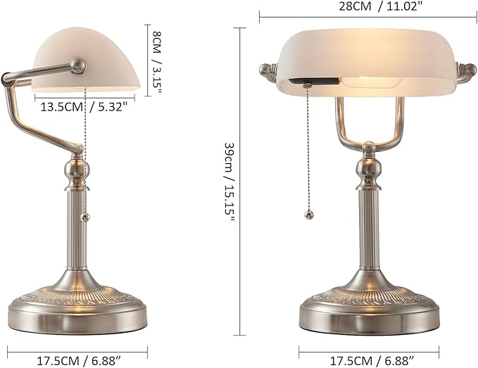 White Matted Glass Bankers Desk Lamp with Pull Chain Switch Plug in Fixture,Sand Nickel Base