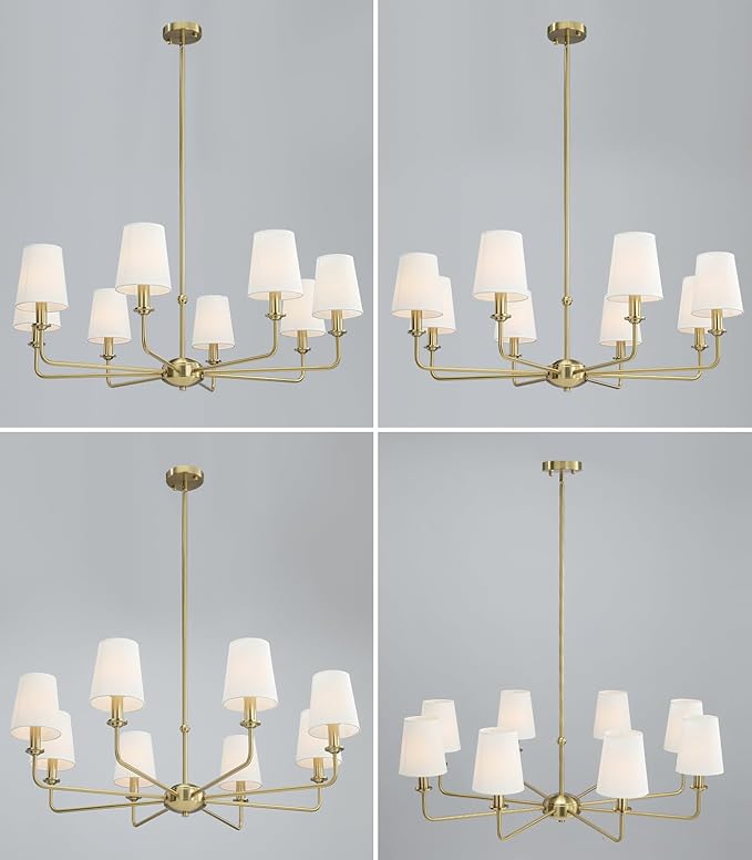 40.5'' 8-Light Brushed Gold Chandelier, E12 Base, White Fabric Shade - Farmhouse & Industrial Style Pendant Light for Dining Room Living Room Bedroom Kitchen