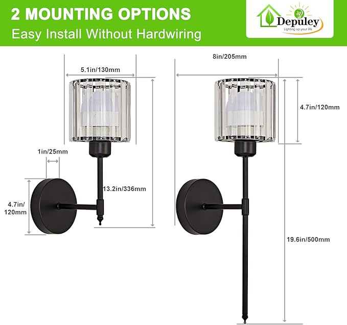 Depuley Wall Sconces Battery Operated: Set of 2 Wireless Crystal Wall Lights with Remote for Bedroom - Rechargeable 15 Colors Black Wall Lamp for Living Room Hallway Home Decor