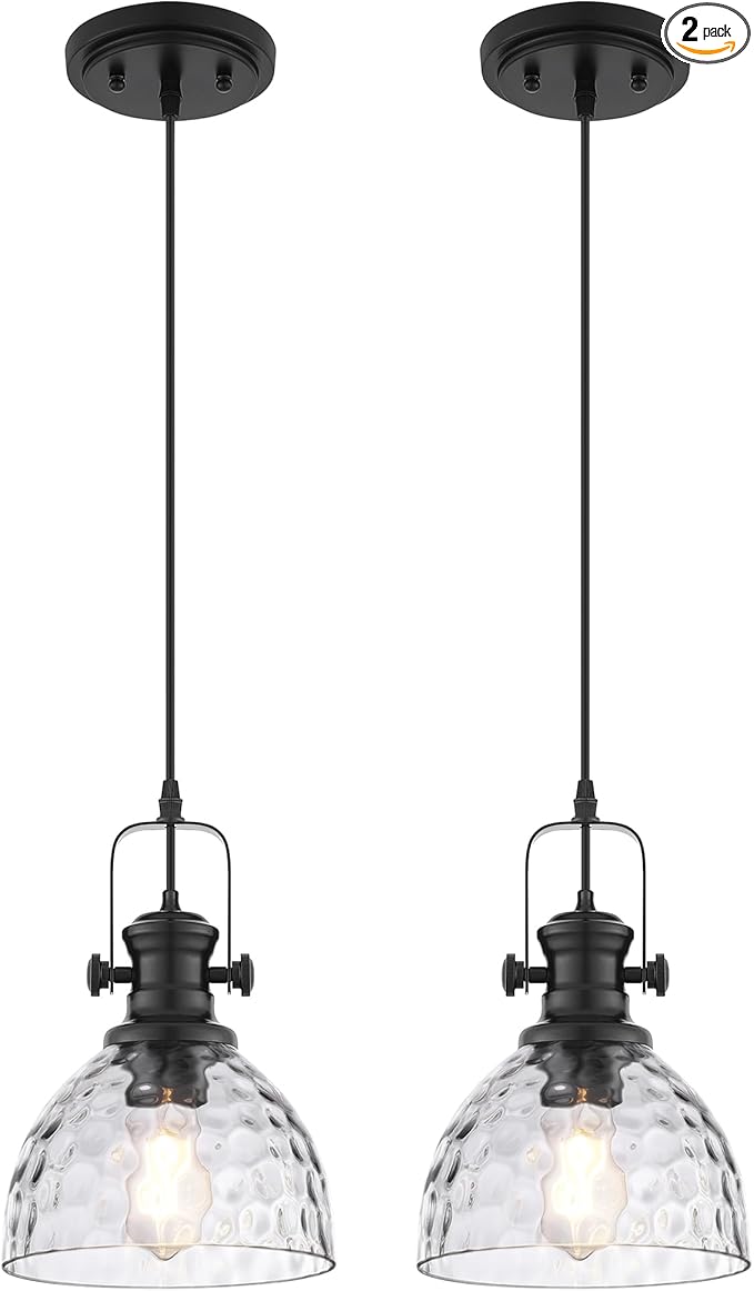 2-Pack Pendant Lights Kitchen Island, 7.5" Farmhouse Black Pendant Lighting with Hammered Glass Shade, Vintage Hanging Light Fixtures for Dining Room Entryway, AD-22151-1P2-BK-H