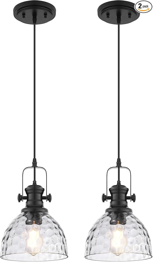2-Pack Pendant Lights Kitchen Island, 7.5" Farmhouse Black Pendant Lighting with Hammered Glass Shade, Vintage Hanging Light Fixtures for Dining Room Entryway, AD-22151-1P2-BK-H