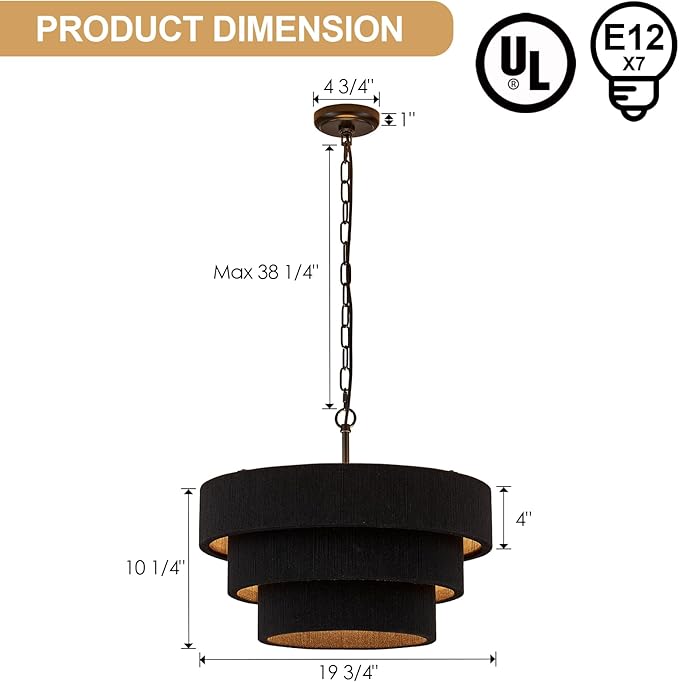20” Boho Hand Woven Rattan Chandelier Modern 3 Round Adjustable Coastal Pendant Light for Kitchen Island Dining Living Room, Black, UL Listed