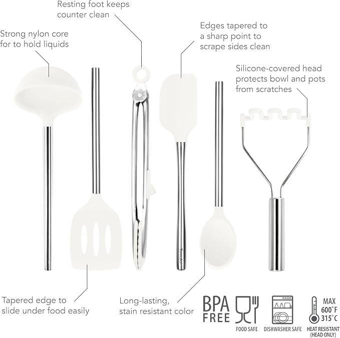 Tovolo Silicone Cooking Utensil Set of 6 Stainless Steel Handle Ladle Slotted Turner Tongs Flex Core Spatula Scraper Mixing Spoon & Potato Masher, Dishwasher Safe BPA Free Utensils, White