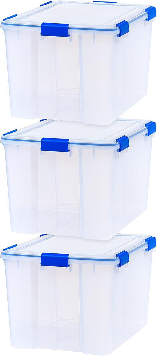 IRIS USA WeatherPro 74 Qt Storage Bins with Lids, 3 Pack, BPA-Free Plastic Gasket Box with Tight Latch and Seal, Stackable Nestable Tote Tub - Clear/Blue