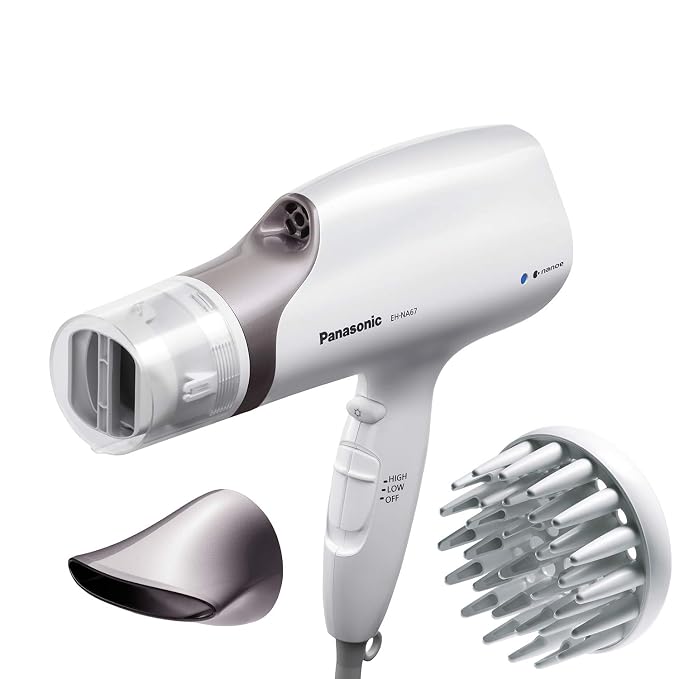 Panasonic Nanoe Salon Hair Dryer with Oscillating Quickdry Nozzle, Blow Dryer with Diffuser and Concentrator Attachments, 3 Speed Heat Settings for Easy Styling and Healthy Hair - EH-NA67-W (White)