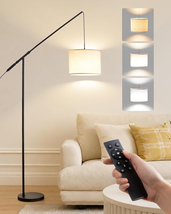 Arc Floor Lamp for Living Room, Dimmable Standing Lamp with Remote, Brightness & Color Temp Adjustable, Height Adjustable Arched Reading Light with LED Bulb, Black Tall Pole Lamp for Bedroom, Office