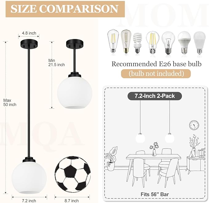 2 Pack 22"-50" Height Adjustable Glass Pendant Lights Kitchen Island, Globe Matte Black Pendant Lights with Milk Glass Shade, Mid Century Pendant Light Fixtures Kitchen Pendant Lighting over Island