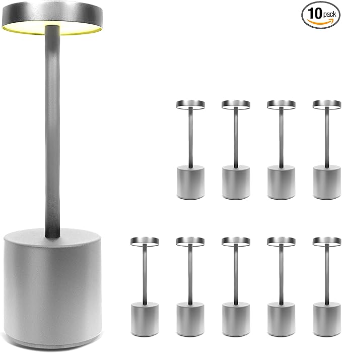 10 Pack - Silver Rechargeable Cordless Table Lamps, Portable LED Desk Lamps, Dimming 5000mAh Rechargeable Battery Powered LED Lighting for Restaurant,Bar, Bedroom, Outdoor, Party