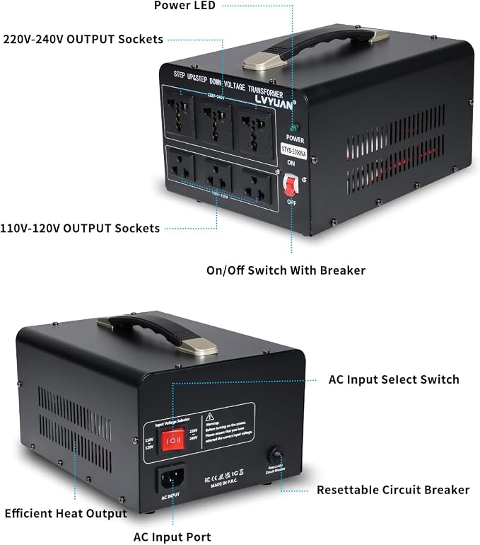 LVYUAN 5000 Watt Voltage Converter Transformer Heavy Duty Step Up/Down AC 110V/120V/220V/240V Power Converter with 3 US Outlets, 3 Universal Outlets, Resettable Circuit Breaker Protection