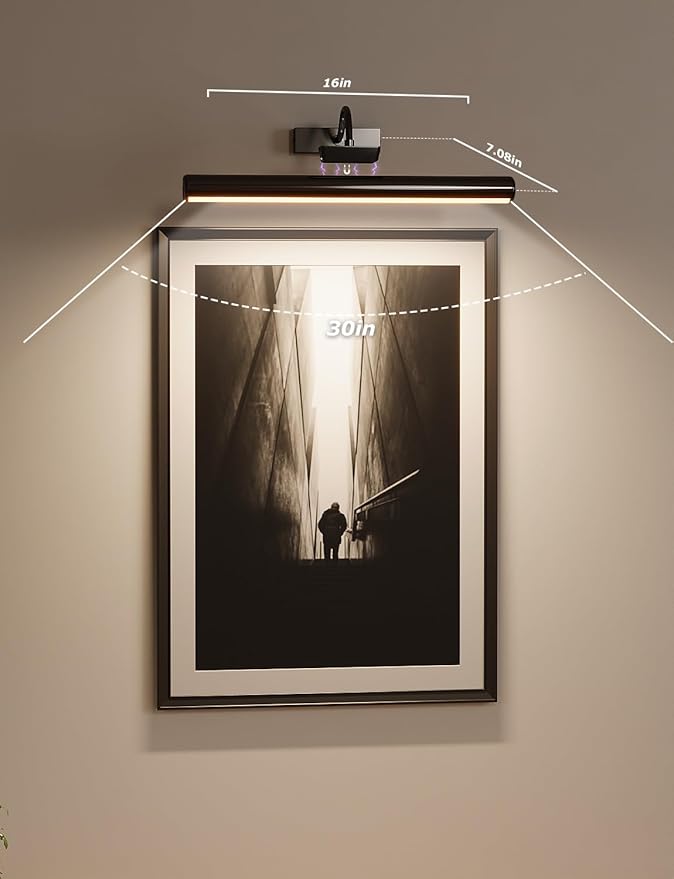 16" Aluminum Wireless Picture Lights for Wall, 5000mAh Rechargeable Battery Operated Wall Art Lighting, Dimmable 3-Color Gallery Painting Light for Pictures On Wall, with Remote/Timer [Black, 1Pack]