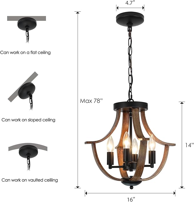 LAMPKEDUO Farmhouse Hanging Pendant Lighting, 4-Light Rustic Flush Mount Ceiling Light Fixture,Modern Faux Wood Vintage Chandelier for Dining Room Kitchen Island Foyer Hallway Entryway Bedroom