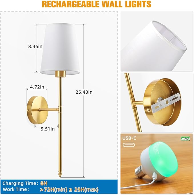 NIORSUN 25.4 inch Battery Operated Wall Sconce Set of 2,Gold Rechargeable Wall Lights with 10400mAh Dimmable Detachable Bulbs and Remote,9 Colors Wireless Sconces for Bedroom Living Room Hallway