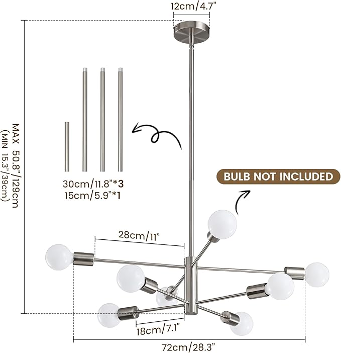 KAISITE Modern Chandelier Ceiling Light Fixture Brushed Nickel Sputnik Chandeliers for Bedroom Living Room 8-Light Height Adjustable Dining Room Farmhouse Chandelier Over Table Hanging Kitchen Light