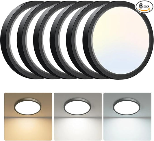 hepside 6PACK Flush Mount LED Ceiling Light Fixture Black, 6.5Inch 12Watt, Dimmable & 3000K-4000K-6500K Ceiling Lamp 1200LM Low Profile Ceiling Light for Kitchen Bedroom Hallway Porch