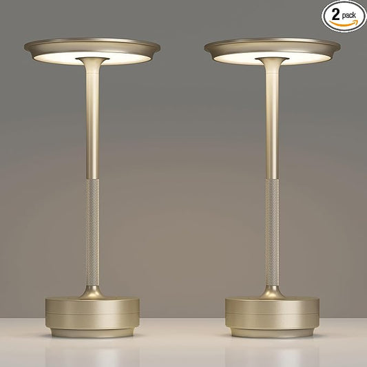 TBBGA 2 Pack Rechargeable Cordless Table Lamps, Portable 5000mAh Outdoor Table Light, 3 Color Stepless Dimming LED Table Lamp with Memory Function, for Home/Dinner/Patio/Restaurant.(Champagne Gold)