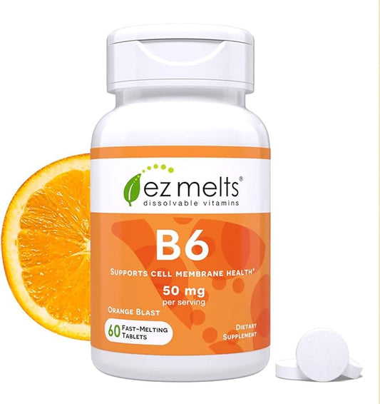 EZ Melts Vitamin B6 - Brain & Heart Health Supplement - Energy Metabolism Support - No Artificial Flavors - Non-GMO & Vegan - Orange Blast - 60 Dissolvable Tablets (30 Servings)