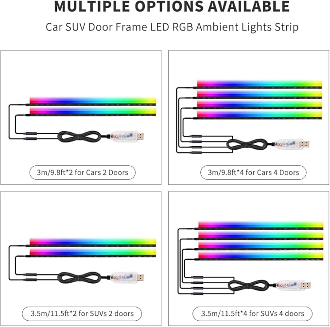 Car SUV Door Frame Ambient Light Lighting, Car Door Ambient Lights LED RGB, Automotive Auto Interior USB Neon Accent Lights Strip Accessories, App Remote Control Music Sync, Acrylic, 4 Pack*9.84ft