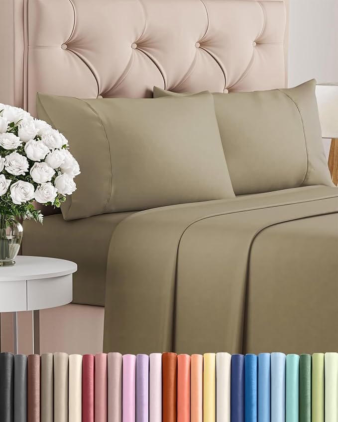 Twin 4 Piece Sheet Set - Comfy Breathable & Cooling - Ultra Soft Hotel Luxury Bedding Set with 8-16 Inch Deep Pockets - 1 Flat & 1 Fitted Sheet & 2 Pillowcases - Cozy, Wrinkle Free & Easy Care - Khaki