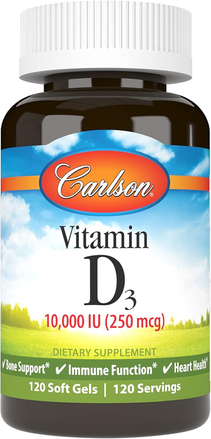 Carlson - Vitamine D3, 10 000 UI (250 mcg), Suppléments de Vitamine D, Soutien Osseux & Immunitaire, Gélules de Vitamine D3, Santé Cardiaque, Capsules de Vitamine D sans Gluten, 120 Gélules