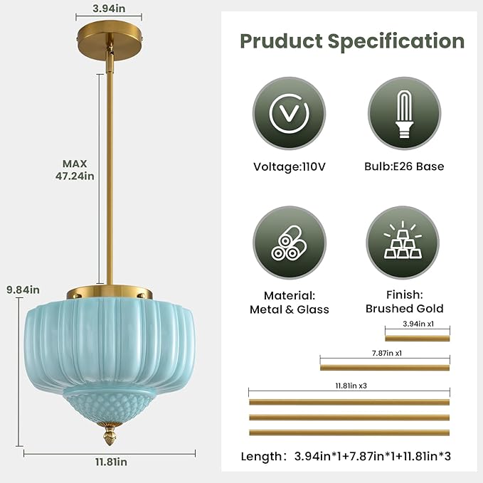 Blue Glass Pendant Light, 11.8 inch Pendant Light Fixture with Floral lampshade, Height Adjustable Brushed Gold Vintage Hanging Lamp for Dining Room Kitchen Island Bedroom Living Room Entryway