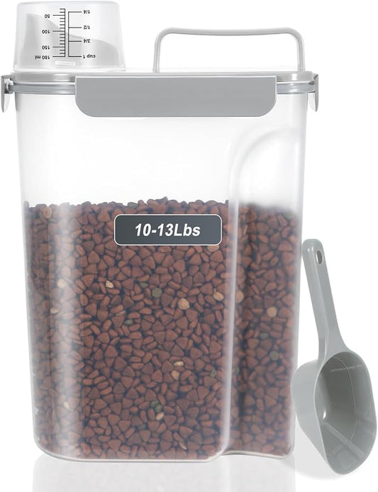 LEAWALK 10-13 Lbs Upgrade Capacity Dog Cat Food Storage Container, Pet Dog Treat Container, Airtight, Clear Bucket Body, With 2-Cup Scoop, Handle, Large Nozzle, 4-Safety Buckles, Easy to Clean, Gray