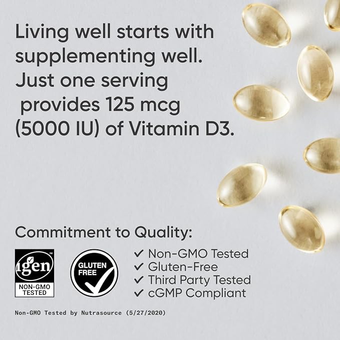 Sports Research® Vitamine D3 avec huile de noix de coco TCM - Complément de vitamine D3 haute puissance 5000 UI (125 mcg) pour le soutien immunitaire et osseux - Sans huile de graines - Sans OGM - Sans gluten (360 capsules molles liquides)