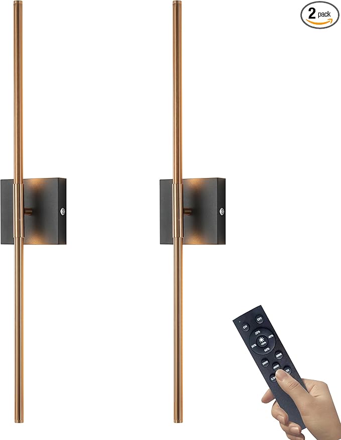 15800 mAh Battery Operated Wall Sconces with Remote Control, Dimmable Wall Sconces Set of Two 3000K LED Matte Black and Brass Gold Wireless Wall Light Battery Powered Cordless Rechargeable Wall Lamps