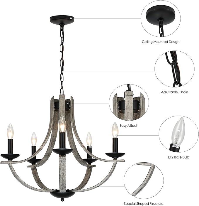 LAMPKEDUO Rustic Farmhouse Chandeliers for Dining Room, 5-Light 24 inch Faux Wood Texture Hanging Light Fixture, Candle Style Chandelier for Living Room Kitchen Island Foyer Entryway
