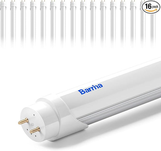 Barrina 4FT LED T8 Type B Light Tube, 24W, 3500LM, 6000K Bright Light, Ballast Bypass, 4 Foot T8 Fluorescent Replacement Tube, Dual-End Powered, T8 T10 T12 LED Replacement, Frosted Cover, 16 Packs