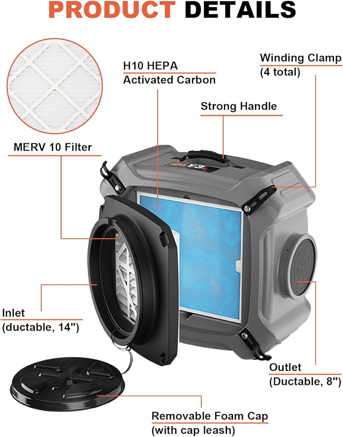 Abestorm Air Scrubber with MERV-10 Filter, HEPA/Activated Carbon Filter for Commercial/Industrial Use, Stackable Negative Air Cleaner Machine with 3 Stage Filtration, V3