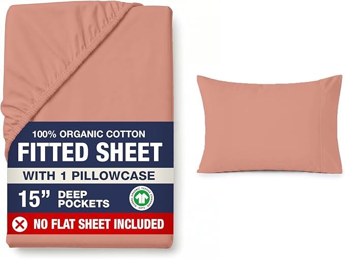 LANE LINEN Twin XL Fitted Sheet, 100% Organic Cotton 2-Piece Set (1 Fitted Sheet, 1 Pillowcase), Percale Weave, Soft, Breathable, Fits Mattress Upto 15" Deep - Rose Dawn (No Flat Sheet)