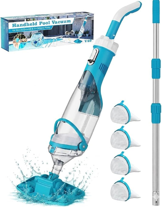 Cordless Pool Vacuum with Telescopic Pole, 18.5 GPM Powerful Suction, 1.5H Supercharge Technology, Handheld Pool Vacuum Cleaner for Above Ground/Inground Pools, Hot Tubs, Sky Blue