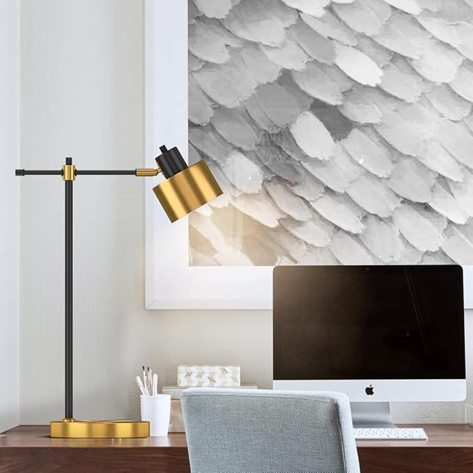 OYEARS 22.2" Modern Desk Lamp, Metal Table Lamp with LED Bulb, Adjustable Reading Lamps for Living Room, Mid Century Task Lamp for Home Office, Industrial Bedside Lamps with Solid Base,Black and Gold