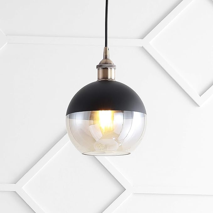 JONATHAN Y 7.5" Brass Gold/Black Mid-Century Modern Globe Pendant Light, Adjustable LED Hanging Ceiling Fixture, Champagne Smoked Glass Shade for Kitchen Island JYL3513A