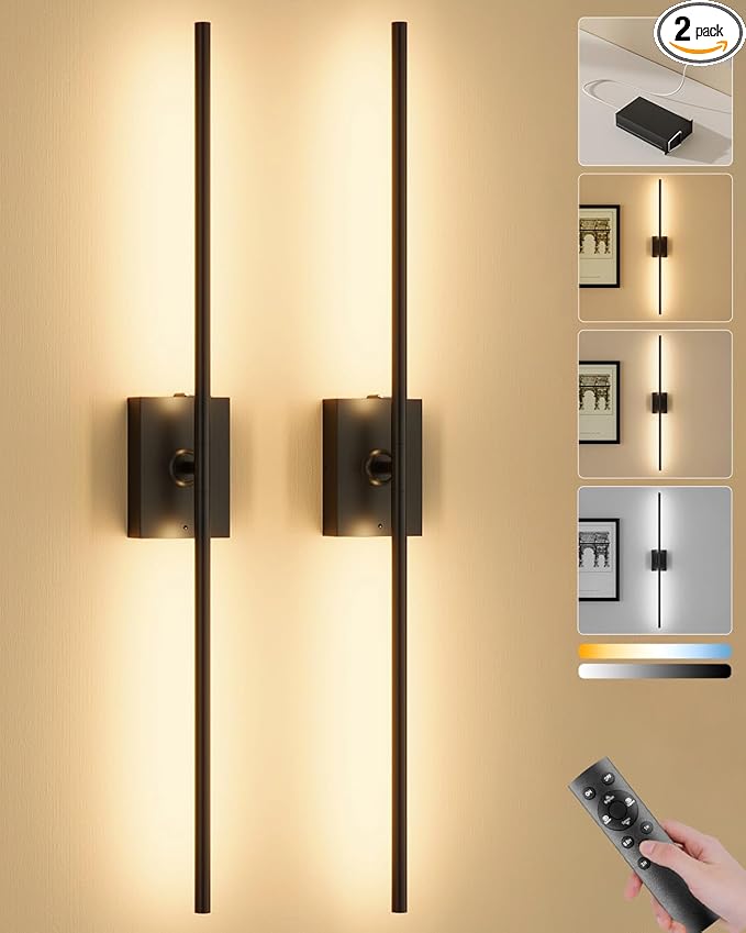 Ouyulong Battery Operated Wall Sconces Set of 2, 10000mAh Wireless Rechargeable 3000-6000K Dimmable 350° Rotate Wall Light with Remote for Living Room, Bedroom 23.6in Black