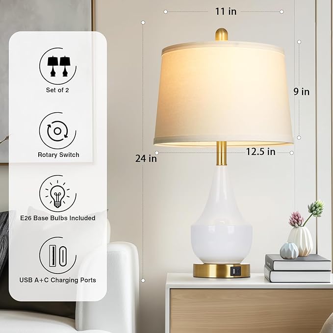Cinyirong Modern White Table Lamp Set of 2, 24" Ceramic Table Lamp with USB A+C Ports,Classic Beside Lamps Nightstand Lamp Modern Lamp for Living Room, Bedroom & Office -LED Bulbs Included