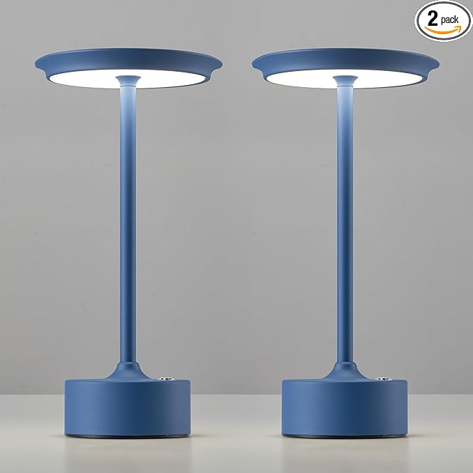 PUSU Rechargeable Table Lamps Set of 2, Blue Cordless LED 4000mAh Battery Desk Lamp, Stepless Dimming & 3 Color 2700K-6000K, Portable Lamp for Bedroom, Living Room, Restaurant, Outdoor, Night Light