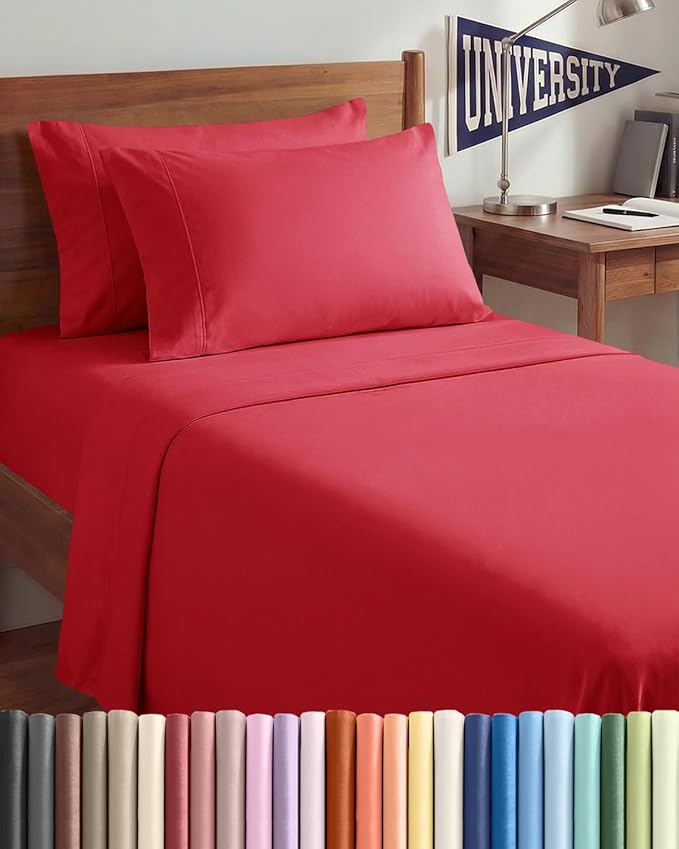 Twin XL 4 Piece Sheet Set - Comfy Breathable & Cooling - Ultra Soft Hotel Luxury Bedding Set w/ 8-16 Inch Deep Pockets - 1 Flat & 1 Fitted Sheet & 2 Pillowcases - Cozy, Wrinkle Free & Easy Care - Red