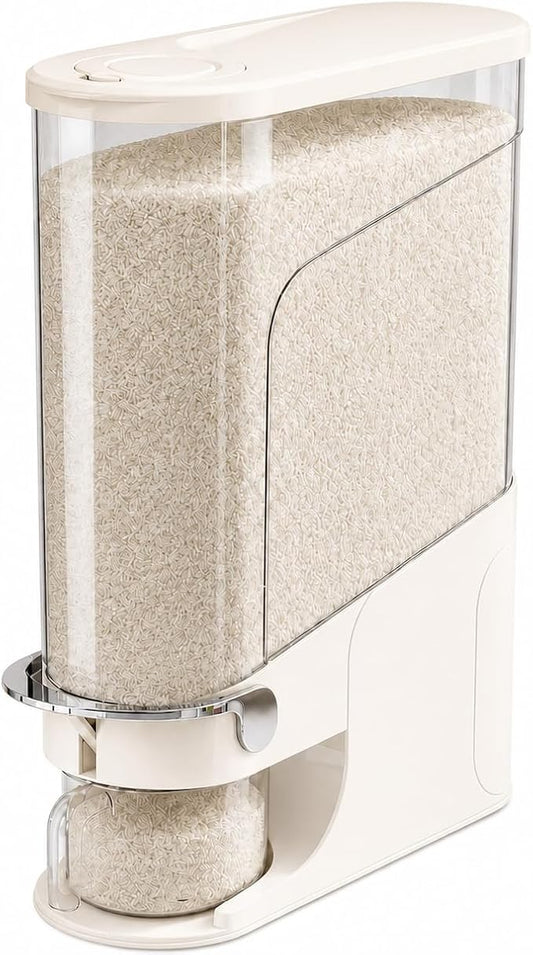 Rice Dispenser 22 Lb, Slim Rice Storage Container with Double Sealing Strip, Press to Dispense Cereal Container Airtight for Kitchen Pantry Organization, (Ivory White-22lb)