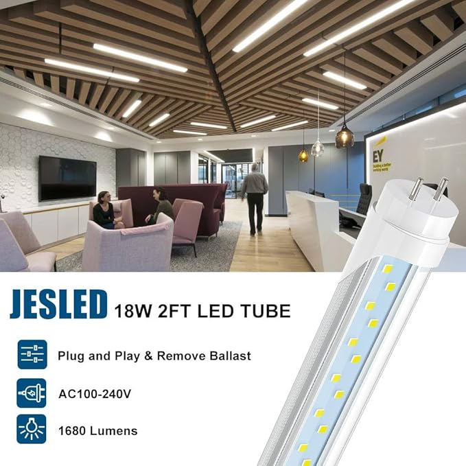JESLED 2FT T8 LED Tube Light, 12W(30W Equivalent), 1680LM, 6000K, Ballast Bypass, 24 Inch F20T12 Fluorescent Bulb Replacement, Dual Ended, 24” Lighting Tube Fixture (4-Pack)