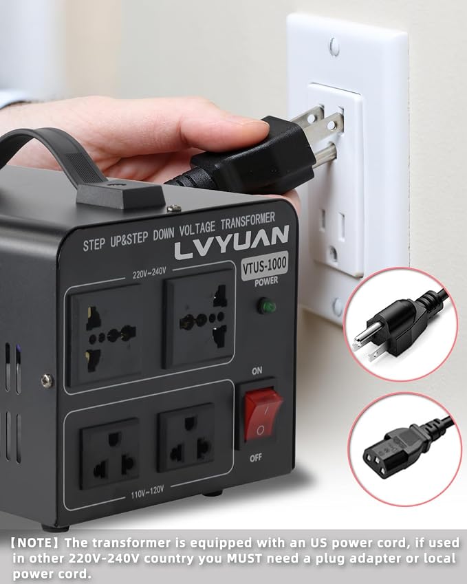 LVYUAN Voltage Converter Transformer 1000 Watt Step Up/Down Convert from 110V-120V to 220V-240Vt and from 220V-240V to 110V-120V with 2 US outlets, 2 Universal outlets, Resettable Circuit Breaker
