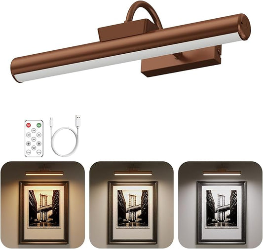 13" Aluminum Wireless Picture Lights for Wall, 5000mAh Rechargeable Battery Operated Wall Art Lighting, Dimmable 3-Color Gallery Painting Light for Pictures On Wall, with Remote/Timer [Bronze, 1Pack]