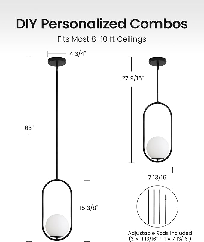 Yunnix Pendant Lights Kitchen Island, Pendant Light Fixtures, 2 Pack Modern Black Globe Glass Pendant Lighting, Mid Century Chandelier One Light for Bathroom Bedroom Dining Room