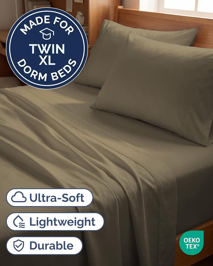 Twin XL 4 Piece Sheet Set - Comfy Breathable & Cooling - Ultra Soft Hotel Luxury Bedding Set w/ 8-16 Inch Deep Pockets - 1 Flat & 1 Fitted Sheet & 2 Pillowcases - Wrinkle Free and Easy Care - Khaki