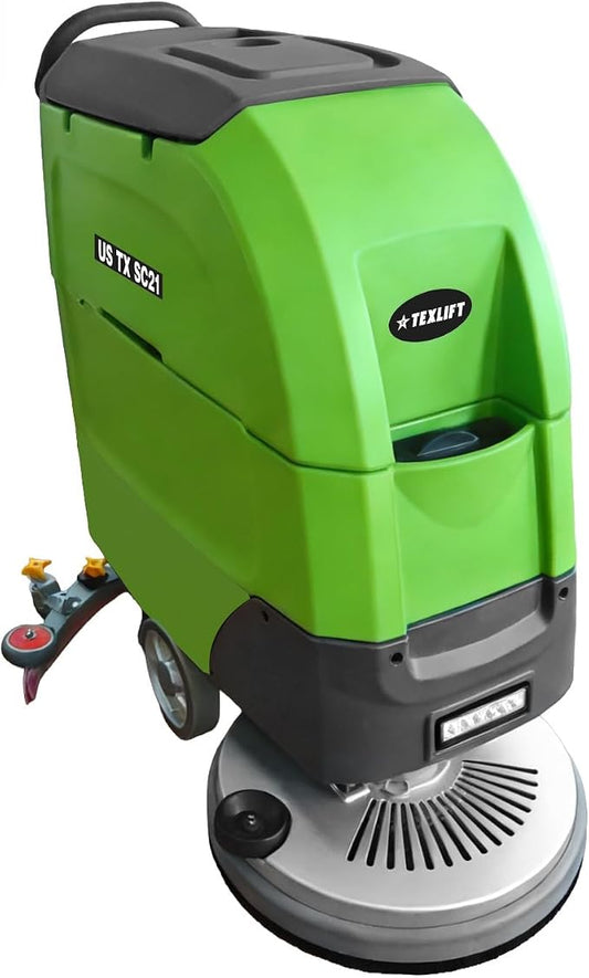 Walk-Behind Commercial Floor Scrubber Machine, 21″ Cleaning Width, 24V Battery Powered Scrubber Dryer with 16 Gal Tanks for Warehouse, Retail & Facility Cleaning (US-TX-SC21)