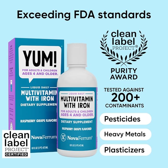 NovaFerrum Yum 473ml | 4歳以上向け鉄分配合マルチビタミン | グルテンフリー認証済み | 砂糖不使用 | ラズベリーグレープ