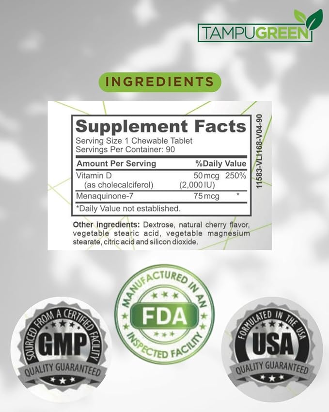 Vitamin D3 2000 IU + K2 75 mcg – Daily Bone, Immune & Heart Support – Supports Calcium Absorption – GMP – Made in USA – 90 Tablets