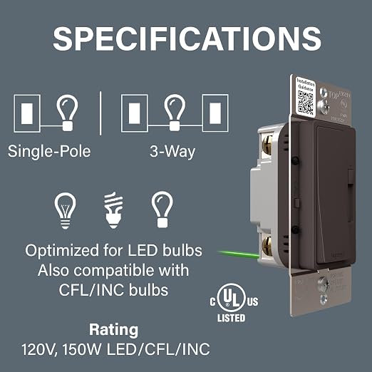 Legrand Radiant 150-Watt Dimmer Light Switch, Single-Pole/3-Way LED Dimmer for Dimmable Lights, RHL153PDB, Dark Bronze